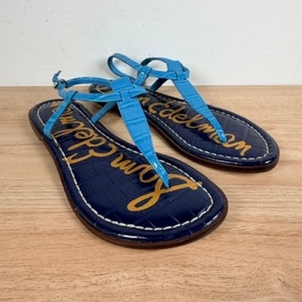 Sam Edelman GIGI Women's Sandals Size 6.5 Blue Croc T-Strap Flat Thong Coastal